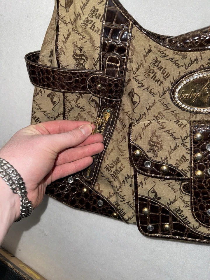 Bolso de Hombro Vintage Baby Phat Media Luna Baguette Estrás Logo Croc Y2K Años 90 Foto 3 de 4