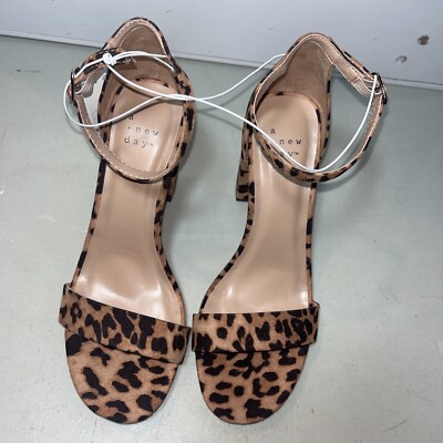 Ema Square Toe Sandals Leopard High Block Heel Women's A New Day Ankle  Strap