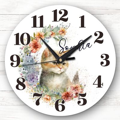 Aquarell Blumenkranz Kätzchen Katze maßgeschneidertes Geschenk personalisierte Uhr