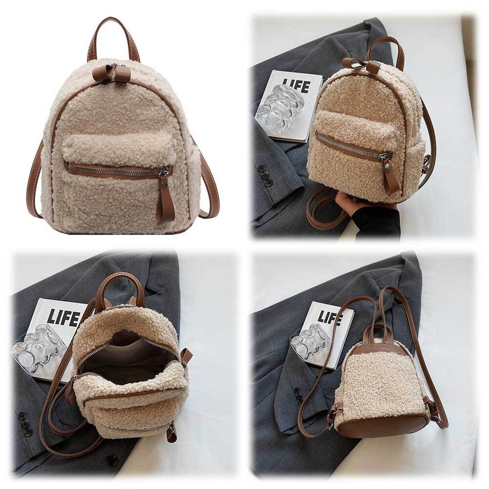 Women Plush Backpack with MultiPockets Daypack Mini Shoulder Bag Mini