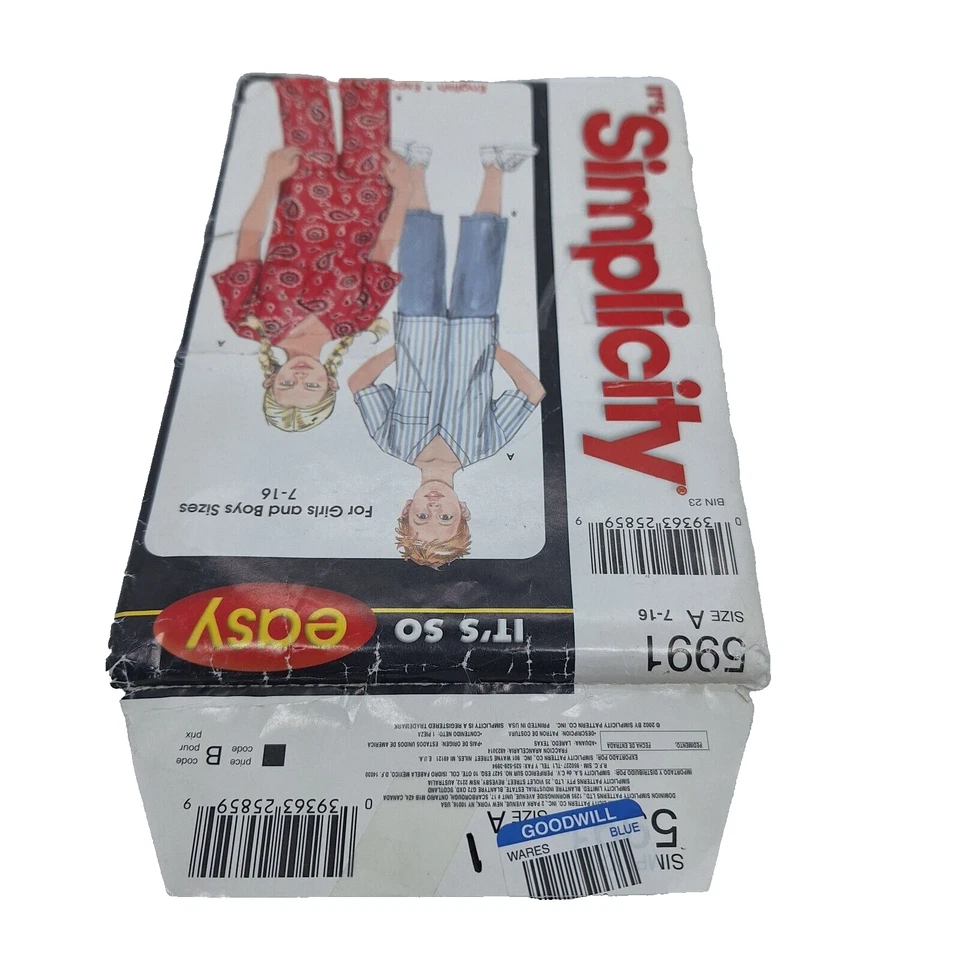 Simplicity 5991 VTG Kids Unisex Loose Fit Top Cropped Pants 7-16 Pattern UC FF - Image 3 of 4