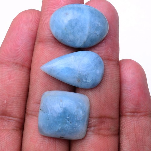 3 Pcs Natural Aquamarine Untreated 19mm-24mm Cabochon Loose Gemstones Wholesale - Picture 2 of 8