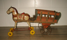 Jouet Ancien à Tirer Cheval carton Bouilli & Charrette bois CLERC PAMPO