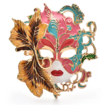 Mardi Gras Magic Enamel Lady Face Mask Brooch  Unisex Party Charm & Gift Pin USA