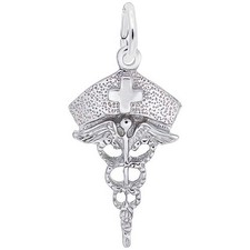 Nurses Hat Caduceus Charm - Metal - Sterling Silver