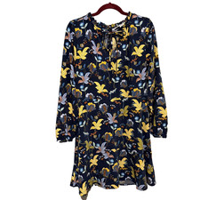 LOFT Floral Long Sleeve Mini Dress Women 8 Navy Blue Yellow Boho Tie Neck Ruffle
