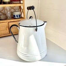 Vintage White Enamel Kettle with Black Trim Enamelware Rustic Farmhouse Pitcher