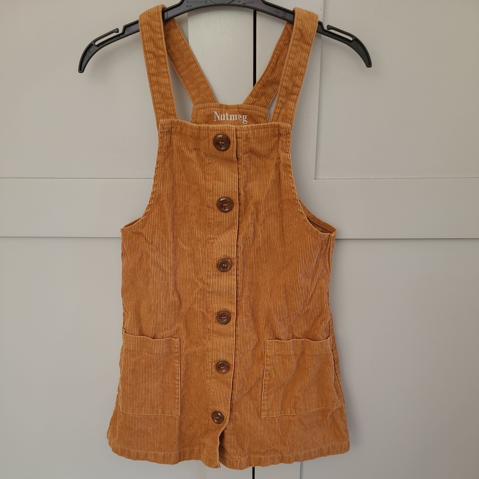 Girls Brown/Mustard Yellow Pinafore Corduroy Style Dungaree Dress. Age 7-8