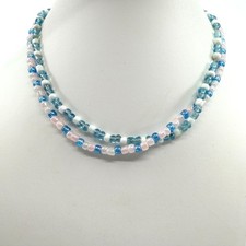 Vintage Blue Pink White Glass Seed Bead Double Strand Necklace Boho Layered 90s