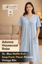 Adonna Housecoat Robe XL Blue Waffle Knit Snap Front Floral Pockets Vintage 90s