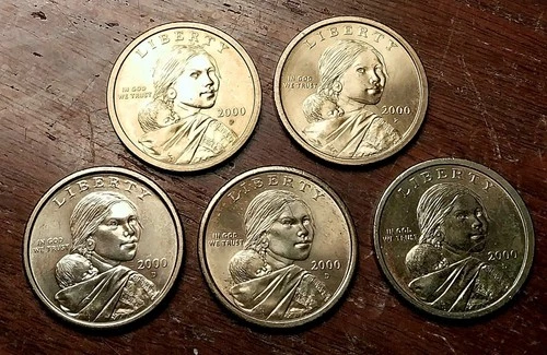 US 2000 Sacagawea $1 dollar Golden Eagle Coin: Lot of 5 Coins, 2P, 3D