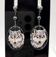 Handmade Grey Wolf Original Art Hanging Post Earrings