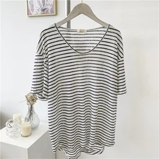 Cotton V-Neck Striped Cotton Short-Sleeved T-Shirt Women Light Blue Wide Top