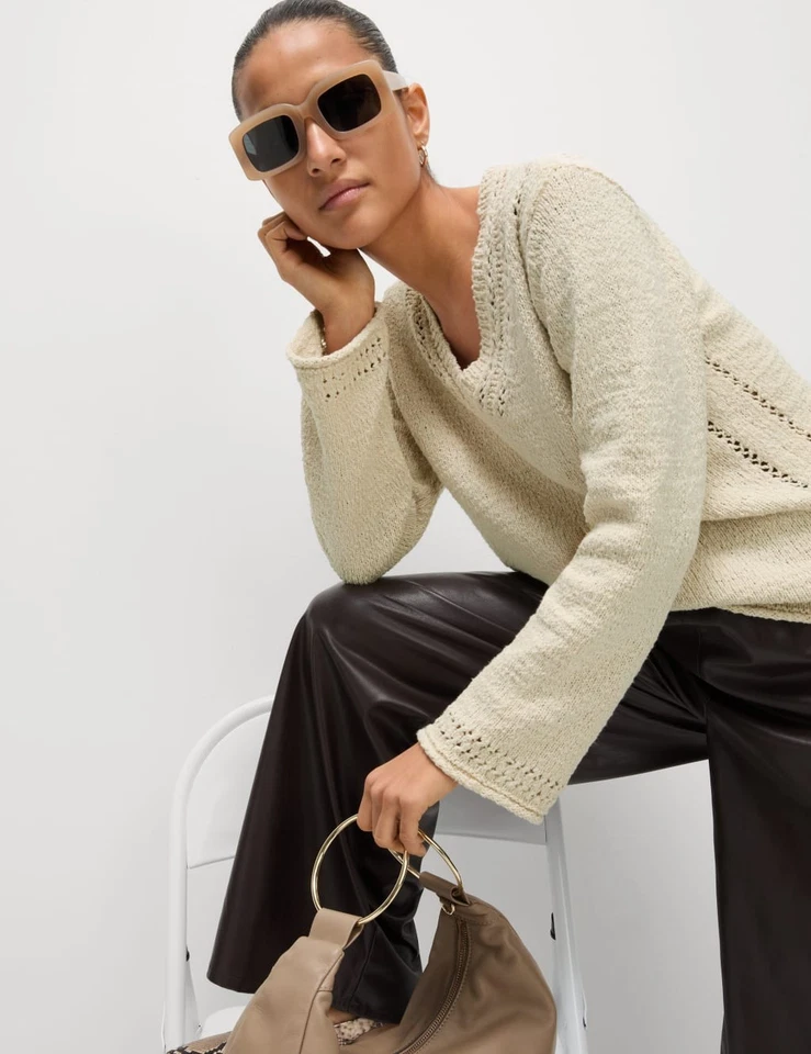 Marks & Spencer Womens Beige Cotton V-Neck Long sleeved Women Jumper - M&S - Image 4 of 4