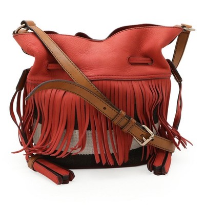 Burberry Fringe Nova Check Suede Canvas Leather Shoulder Bag Women