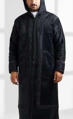 Morocco Farwa Black Coat Hoodie Bisht , Unique Fur Arab Style