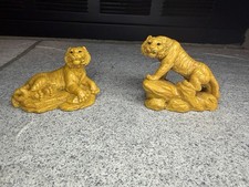 Chinese Tiger Figurine Pair Gold Resin Feng Shui Zodiac Statues 3”