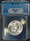 1959-D Franklin Half  Dollar, ANACS MS 64 FBL, Older Blue Label