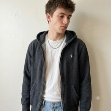 Polo Ralph Lauren Mens Hoodie Medium Charcoal Full Zip Embroidered Pony Preppy