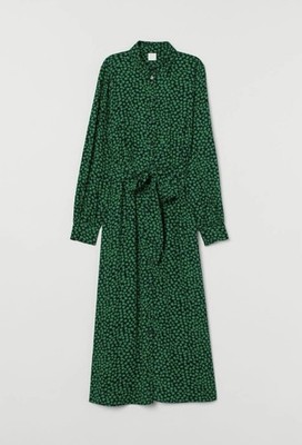 H&M BLACK-GREEN FLORAL MIDI SHIRT DRESS WITH A TIE BELT Size 2XL