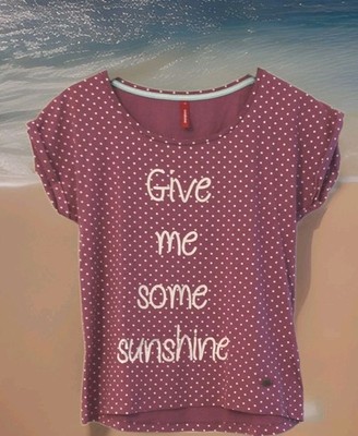 manguun Damen T-Shirt Gr. M lila Kurzarm Rundhals Punkte Print Schriftzug
