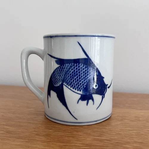 Pier 1 Blue & White Koi Fish Vintage Ceramic Coffee Mug Tea Cup 12oz.