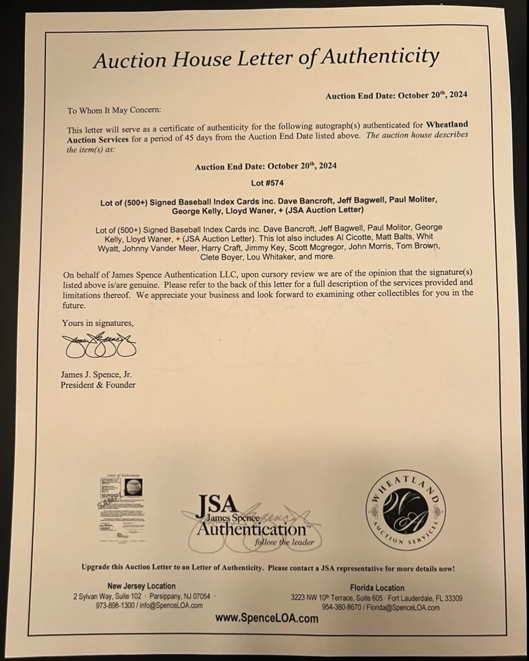 Red Schoendienst & Marty Marion Signed Index Card St. Louis Cardinals JSA LOA - Image 3 of 3