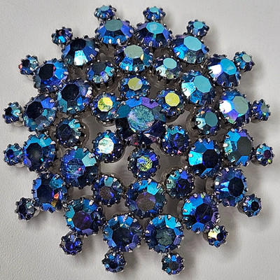 Vintage Kramer Blue Aurora Borealis Rhinestone Dome Brooch Statement Piece NYC