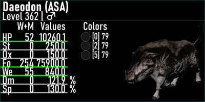 Ark Ascended asa NEW DAEDON LEVEL 362 TOP STATS FOOD 75900F pve