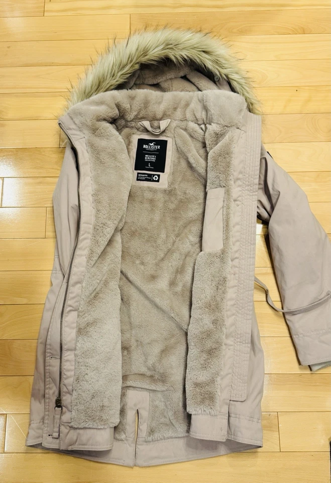 HOLLISTER HERITAGE WOMEN FAUX FUR COZY PARKA COAT JACKET LARGE PRE OWNED PINK - Image 2 of 3
