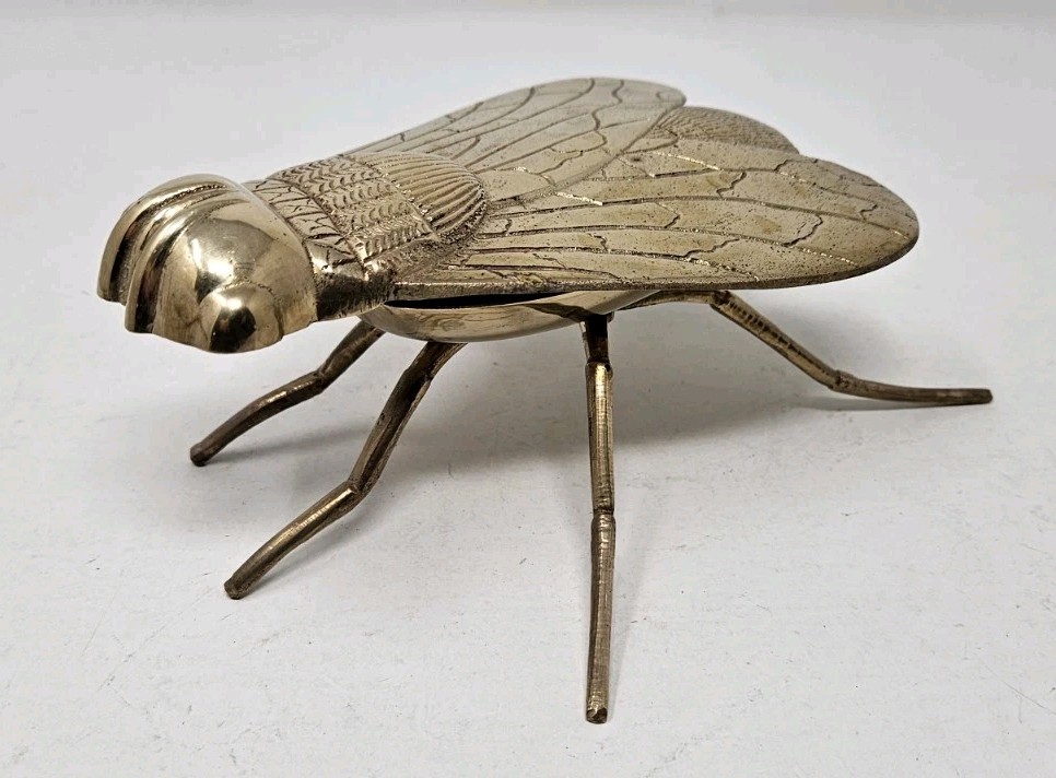 Vintage Brass Fly Bug Insect Ashtray Trinket Box Hinged Lid Large