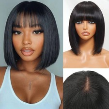 Straight Human Hair Wigs with Bangs  2x1 Lace Wigs with Bangs Glueless Bob Wig