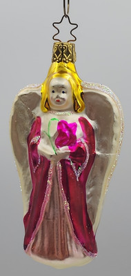 Inge Glas Blown Glass Handpainted Ornament Angel Pink Gown 5 Point Star