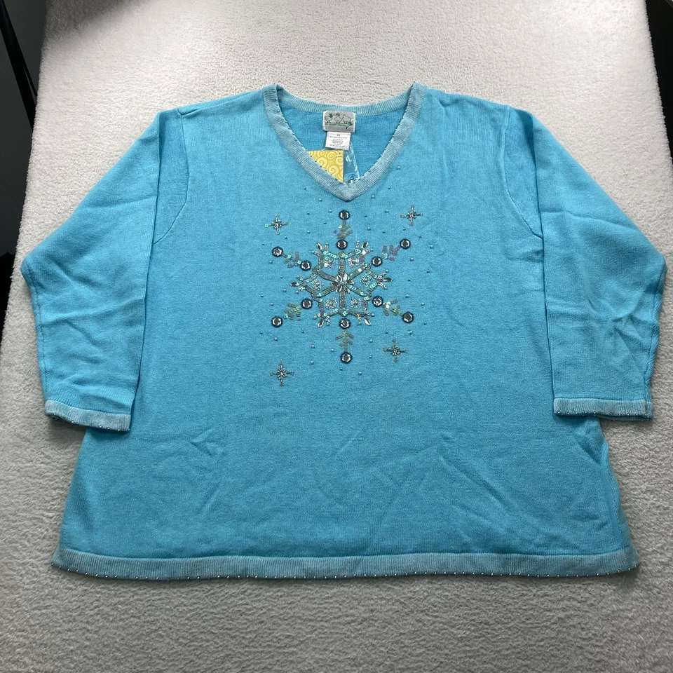 Vintage Quacker Factory Sweater Womens 3X 3XL Blue Snowflake Christmas New - Image 2 of 4