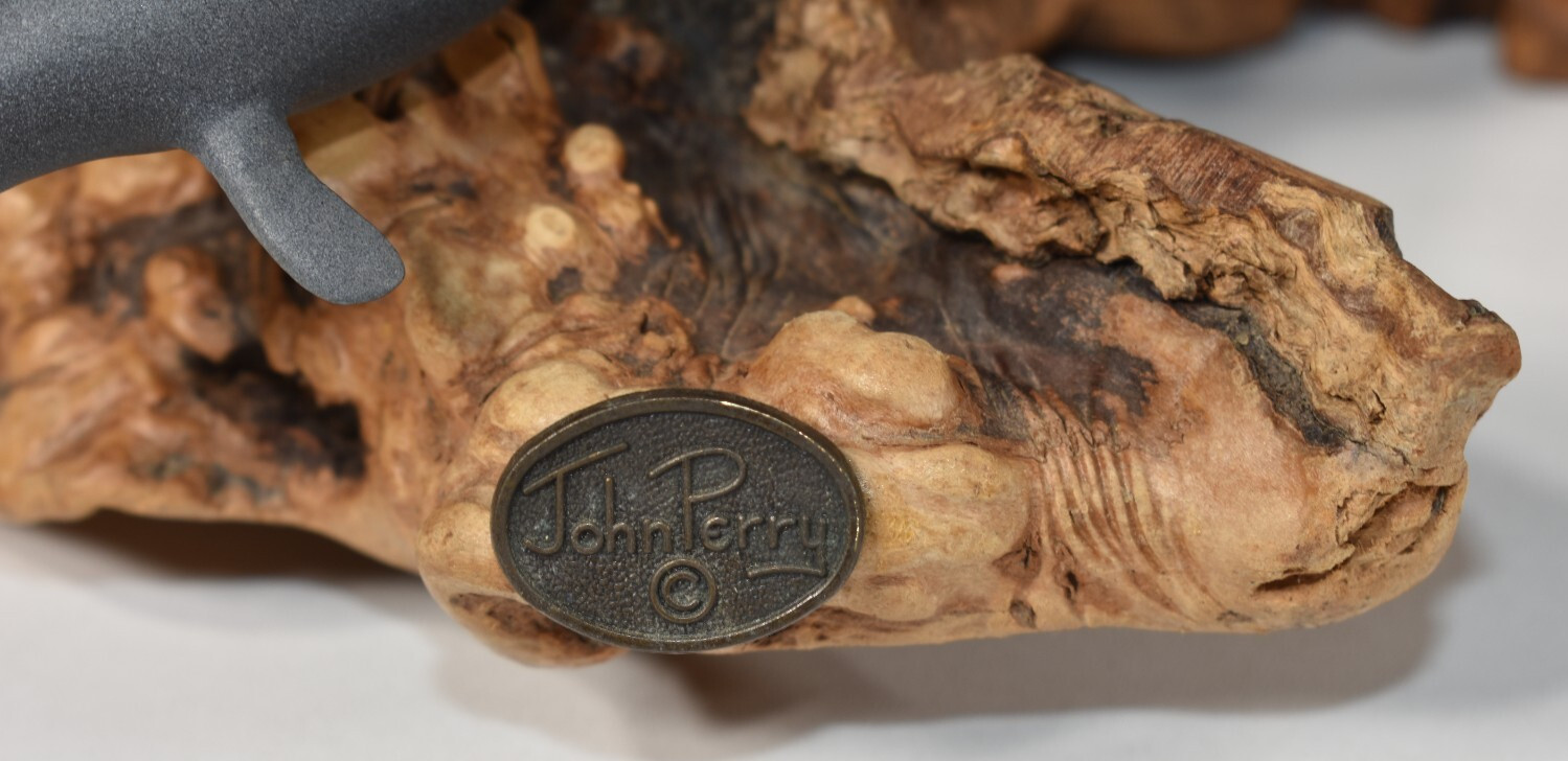 John Perry 3 Manatee Family Burlwood Base Pellucida Resin Sculpture 10" Wide