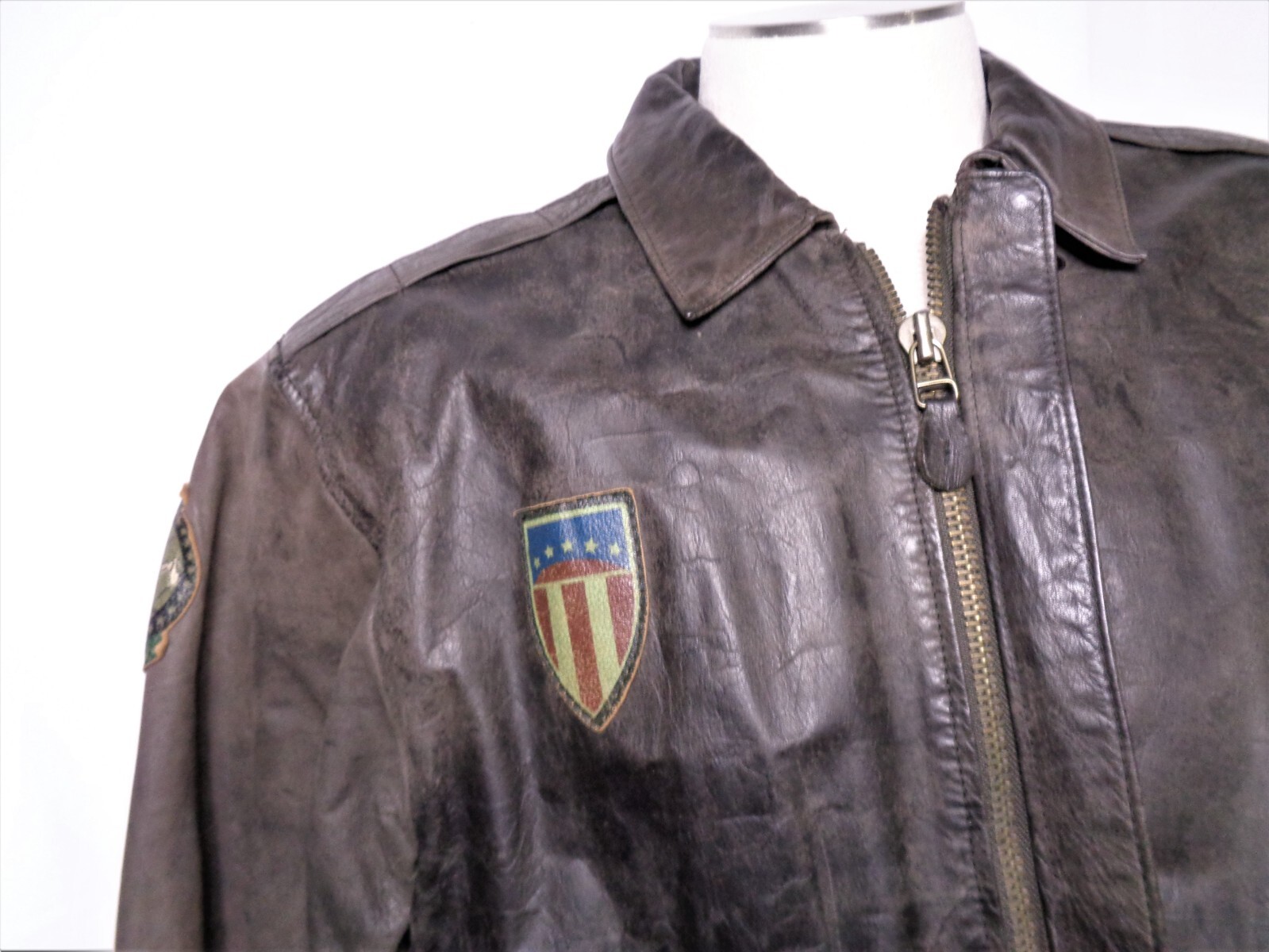 Mens Decorated Leather Jacket Global Identity Brown Airforce Bomber Sz Large VTG image 9