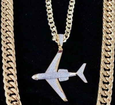 Solid 18K Gold AAA Diamond PRIVATE JET Pendant Chain Necklace LIFETIME ...