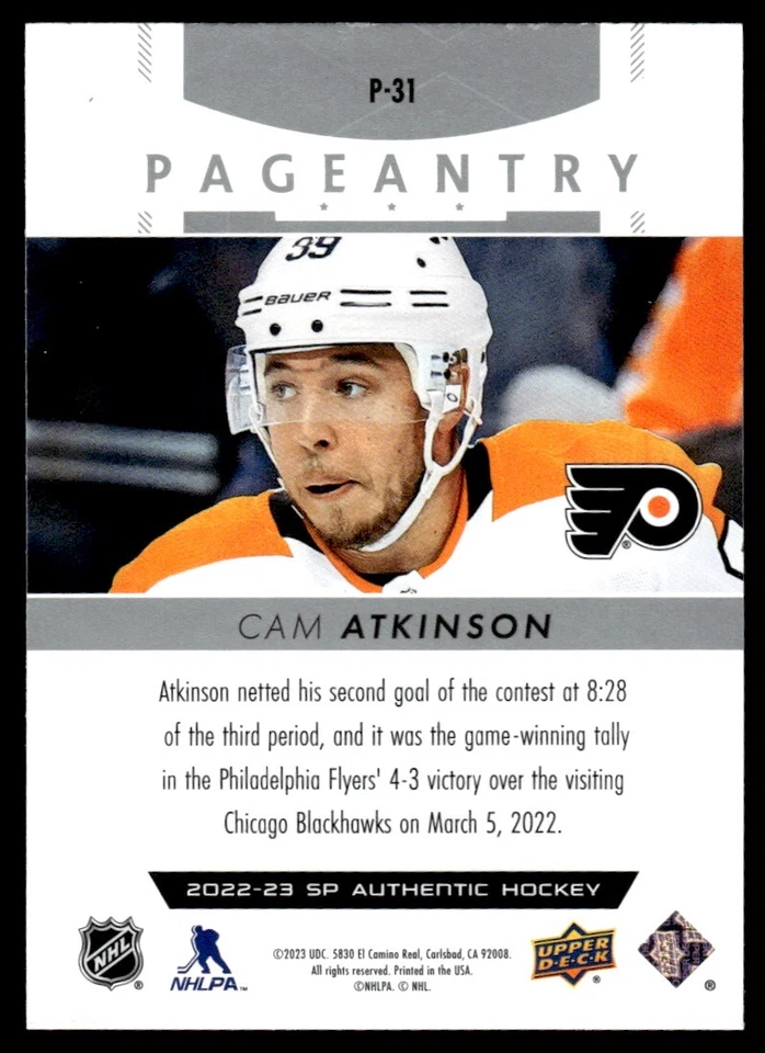 2022-23 SP Authentic Pageantry Cam Atkinson Philadelphia Flyers #P-31 - Image 2 of 2