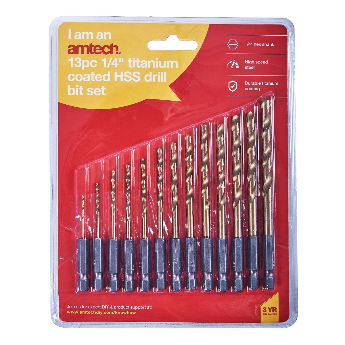 Amtech 13pc Titanium HSS Drill Bit Set–1/4""HEX Shank-Wood/Metal/Plastic1.5-6.5mm