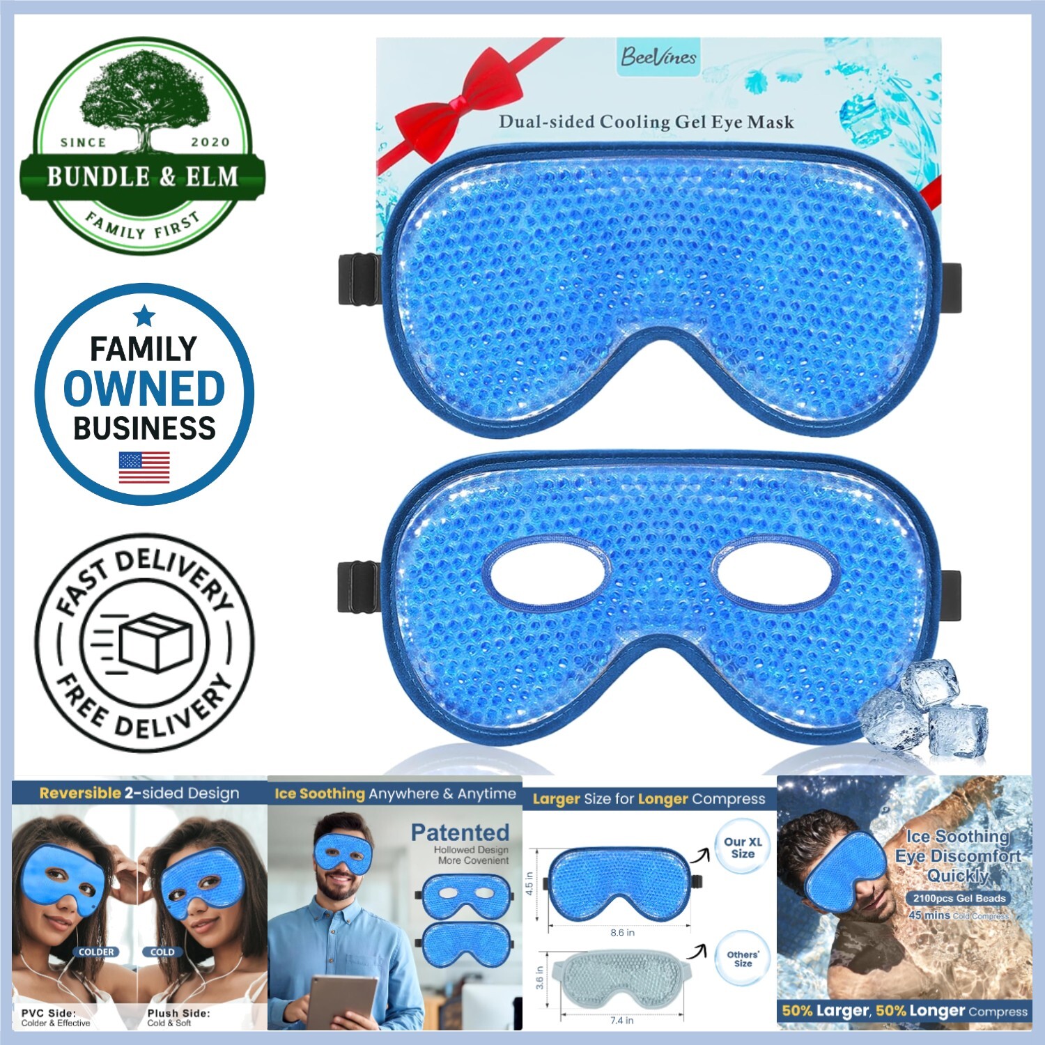 XL Jumbo Gel Bead Cooling Eye Mask 2 Pack - Reusable Cold & Warm Compress-image
