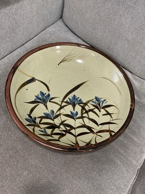 Possibly Vtg Japanese Studio Pottery Large Stoneware Charger Plate Flowers Dec.
