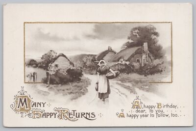 Many Happy Returns & A Happy Birthday To You Dear~Girl Walking~B&W~Vintage PC