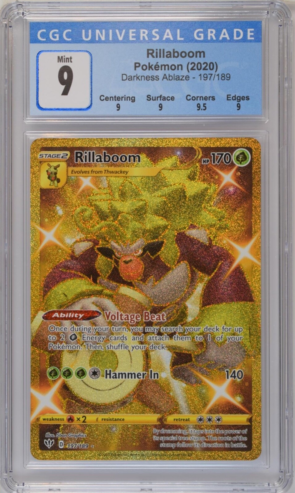 Pokemon Darkness Ablaze Rillaboom Gold Secret Rare 197/189 CGC 9 MINT