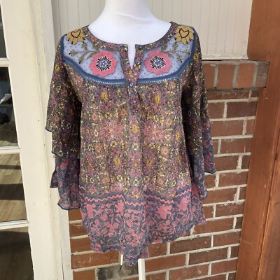 Postmark Anthropologie Womens Ciutadella Embroidered Swing Top Shirt Size Small