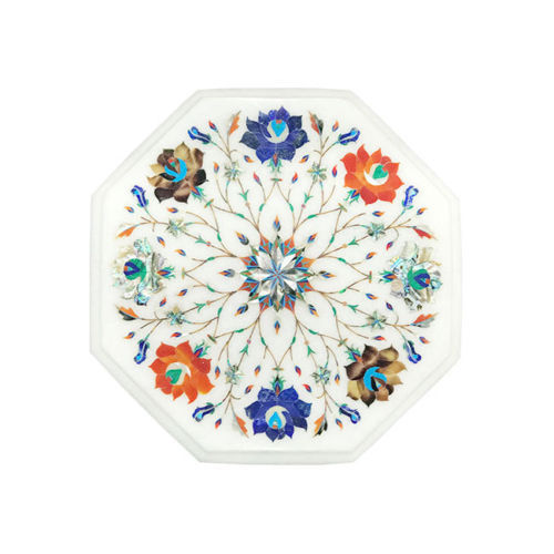 12-Inch Handcrafted Semi-Precious Stone Inlay Marble Tabletop for Elegant Home Decor