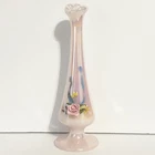 Fenton Pink Pearl Iridescent Swung Bud Vase w/Applied Flowers Signed D. Cutshaw