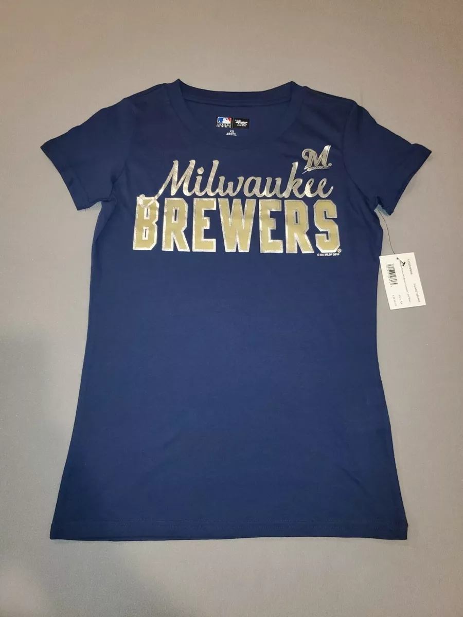 MLB MILWAUKEE BREWERS HOMEPLATE WOMENS BLUE SILVER GREEN T SHIRT 4HER XS X SMALL