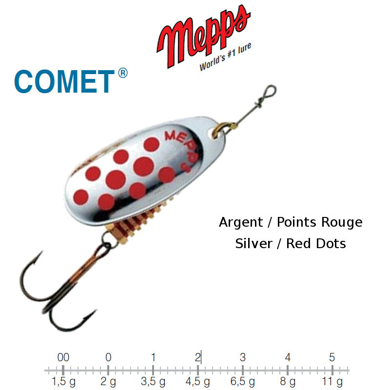 Cuiller MEPPS Comet Argent à Points Bleus – Taille 2, Poids 4,5 G, Vendue à L’unité, Pour Pêche Au Lancer