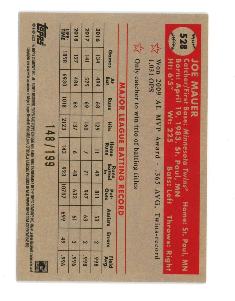 2021 Topps Chrome Platinum Blue Mini Diamond Refractors #528 Joe Mauer /199 - Image 2 of 2