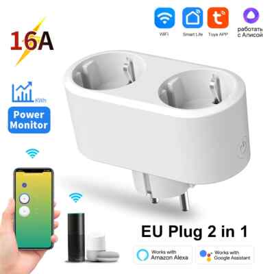 WiFi Dual Outlet 16A APP Smart Plug 2 in 1 Socket EU with Energy Metering Timer